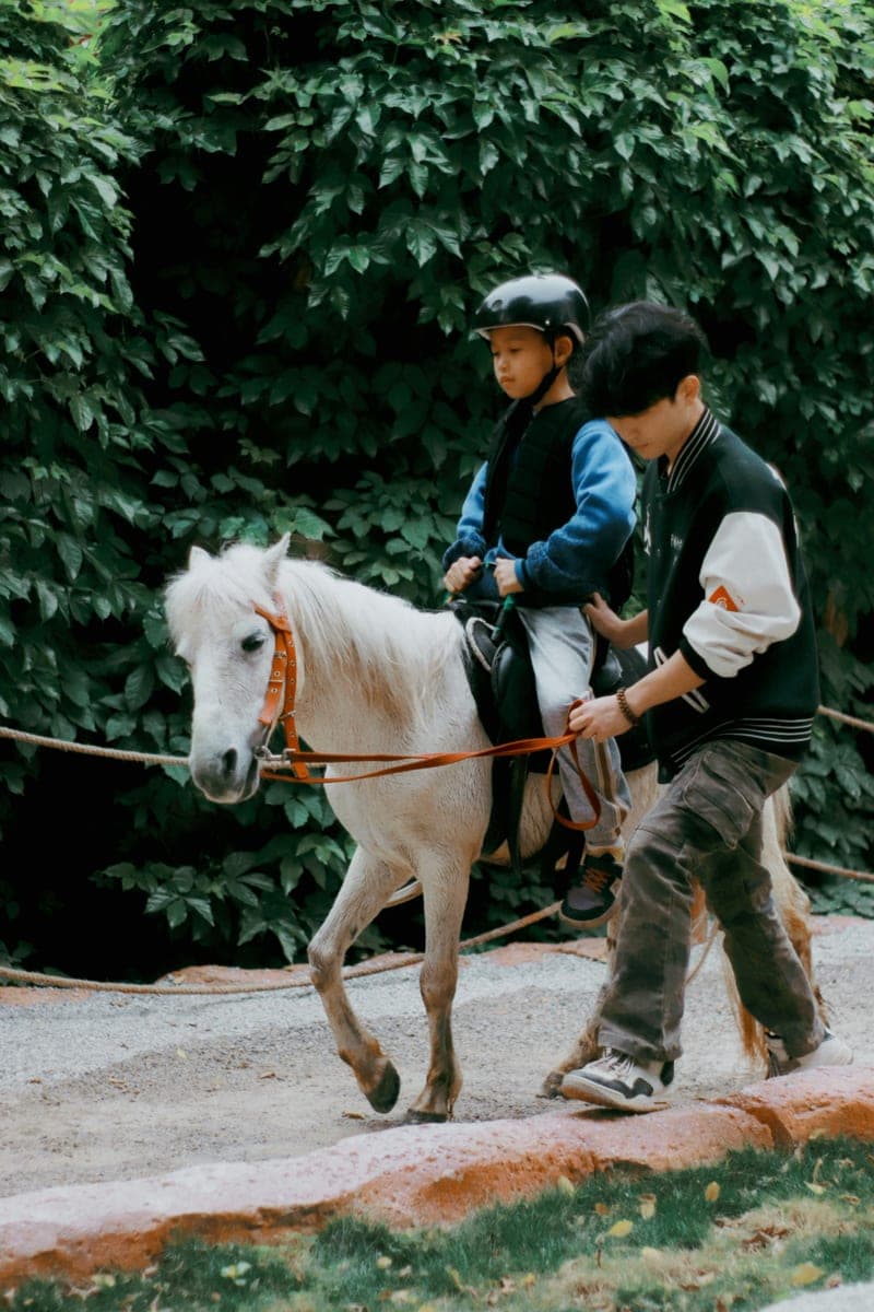 A young rider on a white pony, steadied by an adult